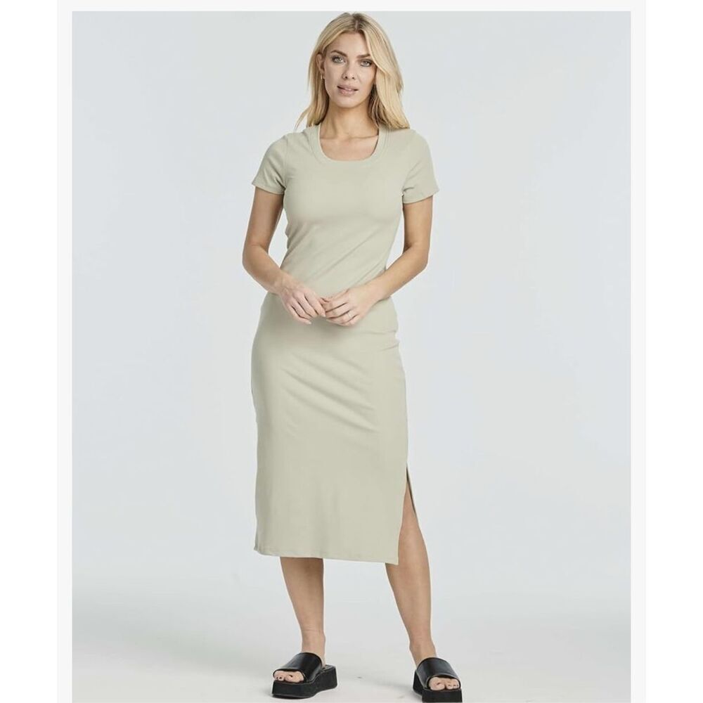 NEW Real Essentials Ribbed Jersey Crew Neck Midi Dress L